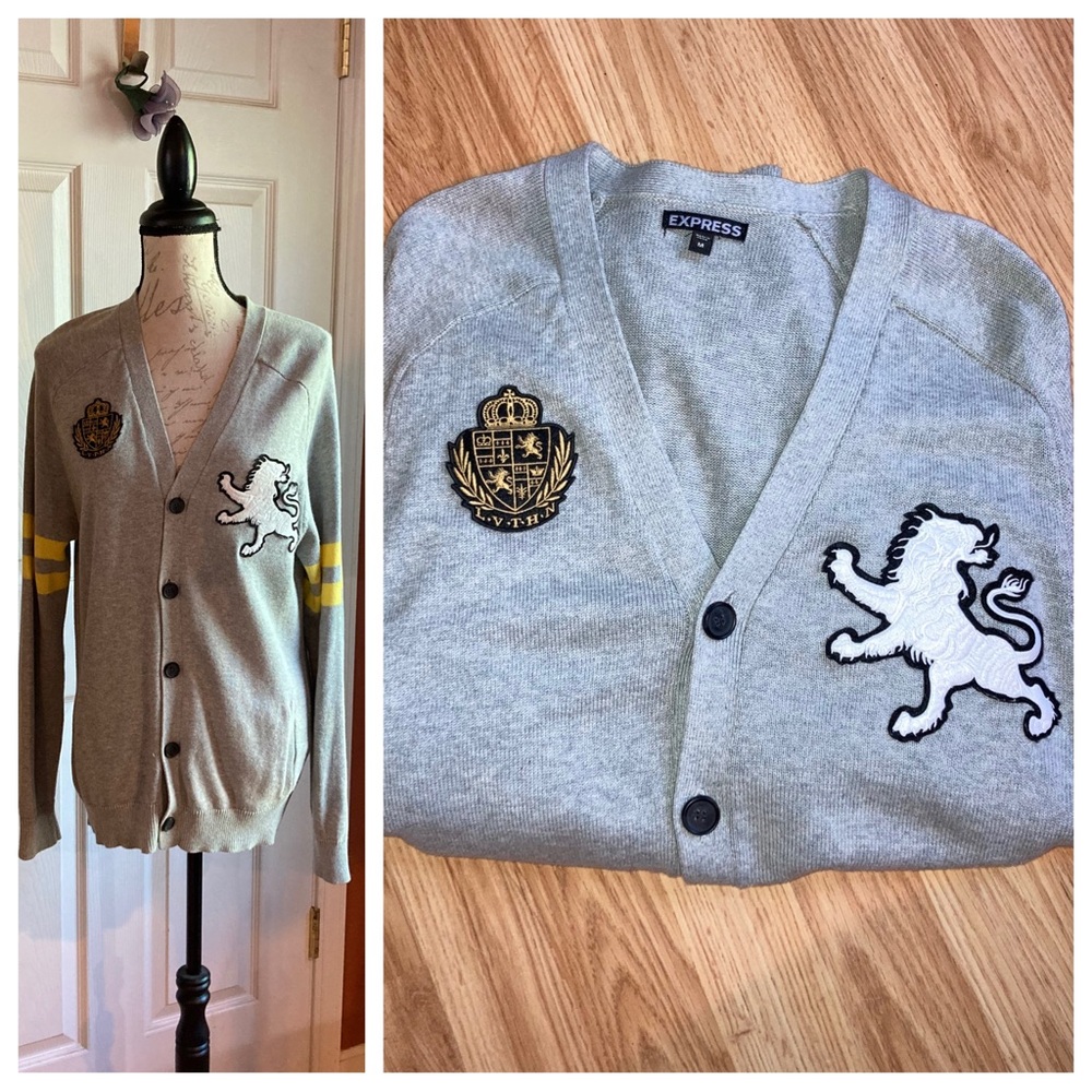 Express Academia Button Down Emblem Patch Button Down Cardigan Mens Med Unisex